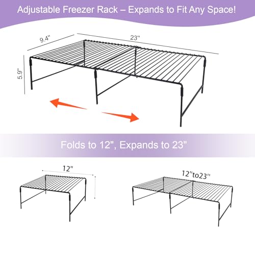 Refrigerator Organizer Freezer Organizer, Expandable Adjustable Kitchen Cabinet Rack for Pantry, Cupboard, Countertop - Space Saving Shelf (Black)