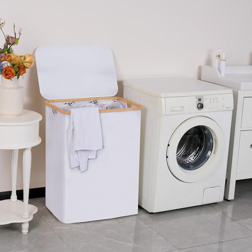 efluky Laundry Hamper with Lid, Double Laundry Hamper with 2 Removable Bags, 2 Section Laundry Basket with Bamboo Handles for Bathroom, Bedroom & Laundry Room (White, 160L Trio) - color: White, size: 160L Trio