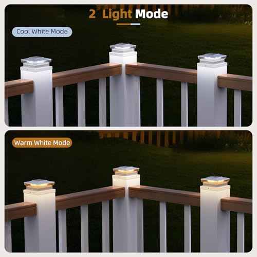Solar Post Cap Lights, 8 Pack Outdoor Fence Post Solar Lights for 4x4 5x5 Wood/Vinyl Posts, 10-12 Hours Dusk to Dawn Warm/Cool Light Glow for Garden/Deck - White