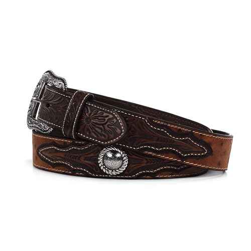 ARIAT Men's Faux Ostrich Leather Belt with Floral Emboss and Silver Conchos