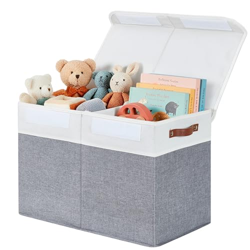 DECOMOMO Large Toy Storage Box with Lid - 25L x 12W x 16H inches Toy Chest Storage Bin with Divider for Kids, Nursery, Playroom (Grey & White)