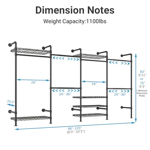 Timate F4 Wall Mounted Clothes Rack Industrial Pipe Clothing Rack for Hanging Clothes, Expandable Garment Rack Heavy Duty Wardrobe Closet Organizer and Storage, Black Adjustable Industrial Closet Kit - color: Black