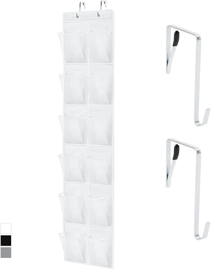 GORILLA GRIP Over the Door Shoe Organizer, 12 Large Breathable Mesh Pockets, Space Saving Hanging Storage Holder, 2 Hook Closet Rack Hanger, Hangs on Closets for Shoes, Accessories, 64H x 9.5W White