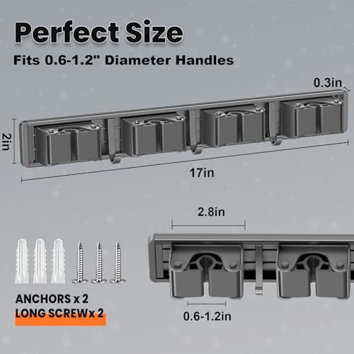 Broom Holder Wall Mount, Mop and Broom Hanger Wall Mount for Organizing and Storing Items in Household Kitchens, Gardens, Laundries (4 Racks & 3 Hooks, Grey)