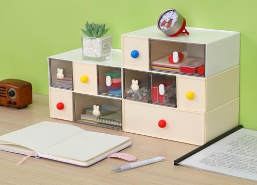 Desktop Storage Drawers, Plastic Desk Organizer with 1 Large Drawer, Modular Stackable Toolbox Units for Office Stationary, Makeup Container, Bathroom Countertop (1 Tall Layer, Cream & Clear) - color: 1 Tall Layer & 1 Drawer, Cream & Clear