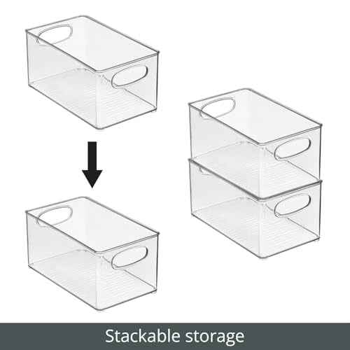 mDesign Plastic Home Closet Organizer - Basket Storage Holder Bin w/ Handles for Bedroom, Bathroom, Cabinet Shelves, Entryway, and Hallway - Holds Sweaters, Purses - Ligne Collection - 4 Pack - Clear