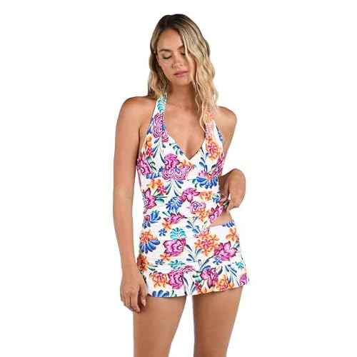 La Blanca Women's V-Neck Halter Tankini Swimsuit Top, Multi//Flor De Paradiso, 14