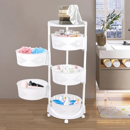 Multi-Layer Kitchen Storage Basket 5Tier Rotating Vegetable Organizer Cart with Casters Detachable Rolling Living Room Standing Rack with Shelve for Bathroom,110 lbs Bearing,14.3*36.2in (5Tier-White) - size: 5Tier-White