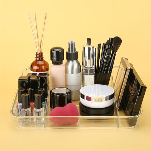 SUNFICON Makeup Tray Organizer Cosmetic Display Case Office Stationery Storage Holder Countertop Storage Unit Makeup Box for Bathroom Drawers,Vanities Office Desk,Washable Crystal Clear Acrylic