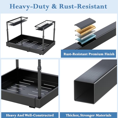 Aisslro Under Sink Organizer, 2 Tier Under the Sink Storage, Expandable Adjustable Slide Out Pull Out Under Cabinet Organizers Shelf, for Kitchen Bathroom Pantry Closet Organization, Black - size: Small