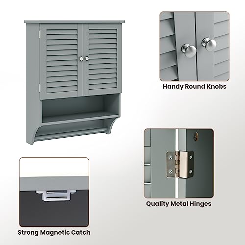 Tangkula Wall Mounted Bathroom Cabinet with Open Shelf & Bar, Medicine Cabinet with Double Louvered Doors, Wall Storage Cabinet with Adjustable Shelf, for Bathroom Living Room Kitchen (Grey) - color: Grey