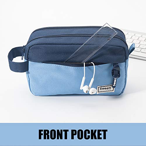 Sooez High Capacity Pencil Case, Big Pencil Bag Pouch Box Organizer Pen Case, Portable Journaling Supplies with Easy Grip Handle & Loop, Asthetic Supply for Girls Adults, Blue - color: Blue