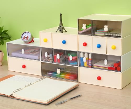 Desktop Storage Drawers, Plastic Desk Organizer with 1 Large Drawer, Modular Stackable Toolbox Units for Office Stationary, Makeup Container, Bathroom Countertop (1 Tall Layer, White & Clear) - color: 1 Tall Layer & 1 Drawer, White & Clear