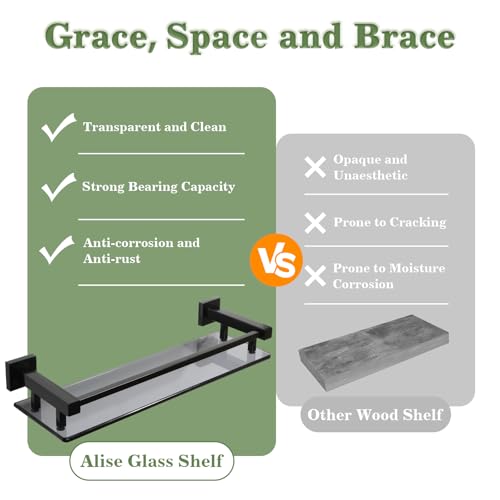 Alise Glass Shelves for Bathroom Wall, Tempered Glass Bathroom Shelf Wall Mounted, Modern Space Saving Floating Shelves 12 inch, Matte Black - color: Matte Black, size: 12 inch