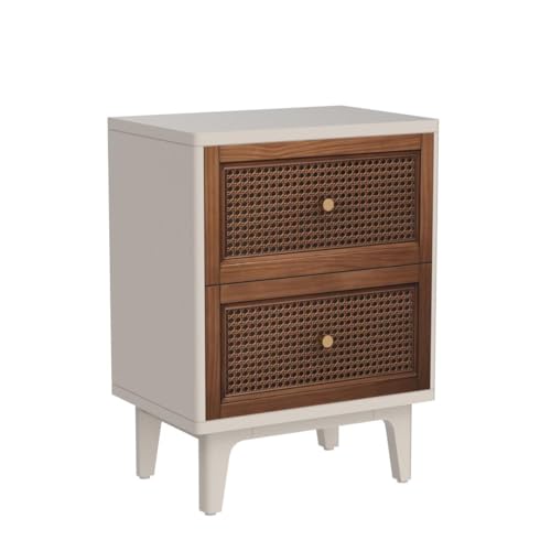 COZAYH Fully-Assembled 2-Drawer Woven Cane Front Accent Nightstand with Brass Knobs, Distressed White - color: Distressed White, style: 2 Drawer/1 pack