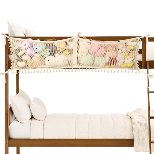 Ofiray-home Stuffed Animal Hammock, Bedside Stuffed Animal Storage Net Corner - Kids Nursery Wall Bedroom Home Decor, Cotton Bedside Toy Organizer Net with Tether, Stretches up to 47.25 In, Beige