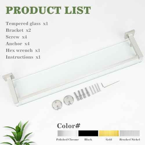 Alise Bathroom Shelf Wall Mounted, Brushed Nickel Large Capacity Glass Shelf for Bathroom, 24 inch