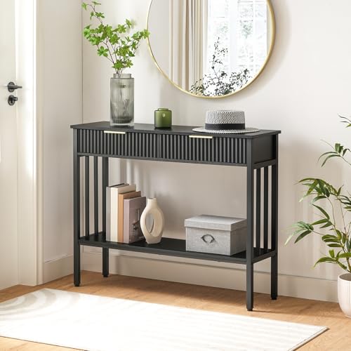 MAHANCRIS Console Table with 2 Drawers, Narrow Long Entry Table with Storage Shelf, 2-Tier Fluted Entryway Table with 2 Drawers, for Entryway, Living Room, Foyer, Hallway, Office, Black CTHB5101 - size: 11.8"D x 39.4"W x 32.3"H