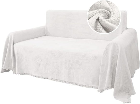 H.VERSAILTEX Cotton Sofa Covers Couch Cover Sofa Slipcover for Most Shape Sofas, Feature Thick Woven Jacquard Seamless with Tassels, Multi-Use Decorative for Couch (Large: 71" x 102", White)