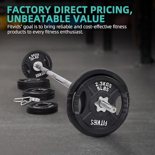Fitvids Barbell Weight Set, Cast Iron 1" Standard Weight Plates Including 5FT Standard Barbell Bar & Star Locks, 45 Pounds Set (35 Lbs Plates + 10 Lbs Barbell Bar), Multiple Packages