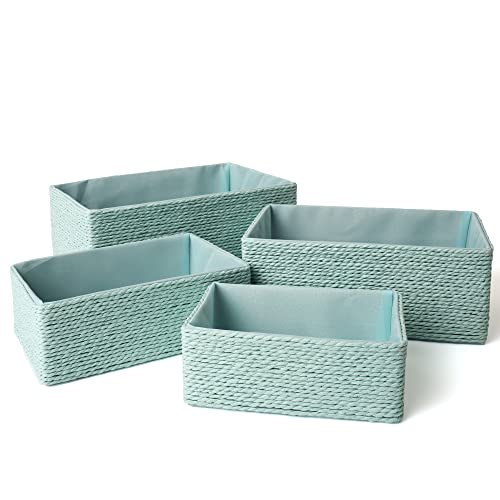 Storage Baskets Set 4 - Stackable Woven Basket Paper Rope Bin, Storage Boxes for Makeup Closet Bathroom Bedroom (Light Green) - color: Light Green