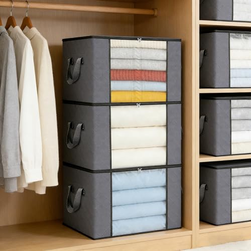 60L Grey Fabric Storage Bins with Lids & Clear Window, 3 Pack Collapsible Closet Organizers with Handles for Clothes, Blankets, Under Bed Storage - size: 3 x 60L