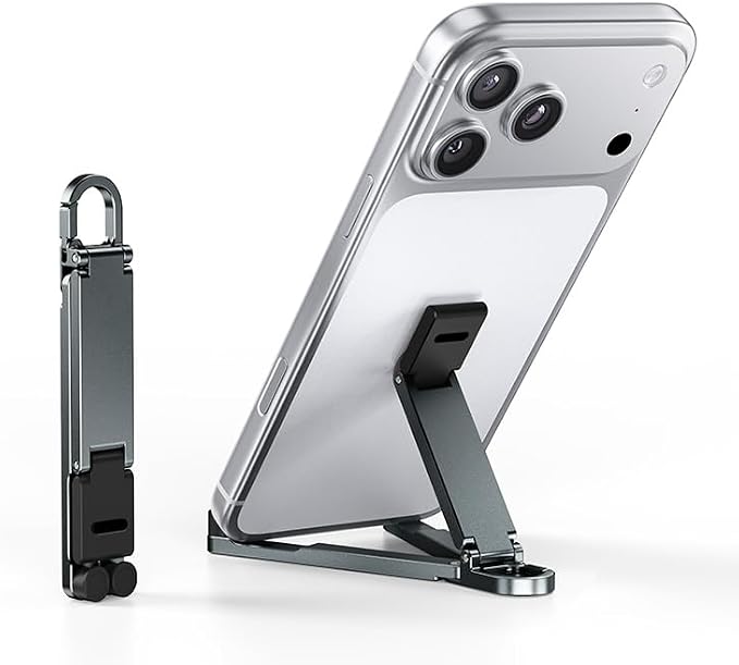 Portable Phone Stand Foldable EDC Keychain Phone Holder with Snap Hook Mini Aluminum Travel Cell Phone Stand for iPhone and Smartphones Under 8 Inches(Black)
