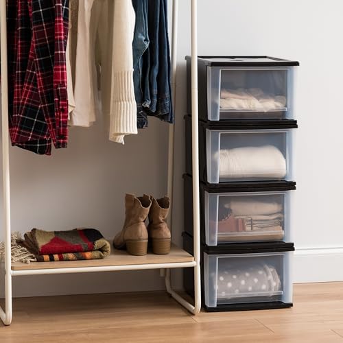 IRIS USA 17 Qt. Medium Plastic Stacking Drawer, Stackable Storage Organizer Unit with Sliding Drawer for Bedroom Kitchen Under Sink Pantry Craft Room Dorm Office, Black, 4-Pack - size: 17 Qt - 4 Pack