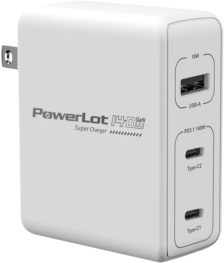 PowerLot 140W GaN PD Power Adapter18W USB-A Charger PD3.1 140W Type C Wall Charger or MacBook Pro 16'' Dell XPS iPhone 16/15 Pro Max iPad Pro ChromebookTablet