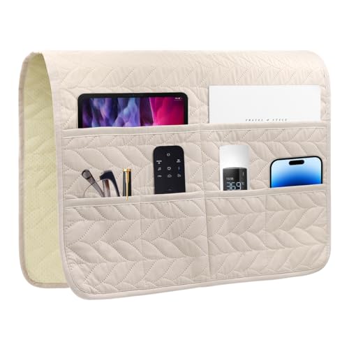 Sofa Armrest Organizer Arm Chair Caddy for Recliner, Remote Control Holder for Recliner, Non-Slip Armchair Caddy with 6 Pockets Storage for Magazine, Tablet, Phone, Beige