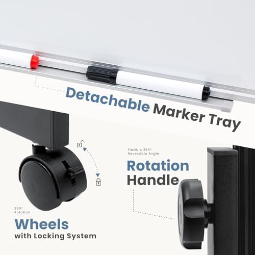 DUMOS Rolling Whiteboard Double Sided 46 x 32 Inches, Magnetic White Board Dry Erase on Wheels, Dry Erase Board with Stand for School, Office and Home, Silver Aluminium Frame, Black