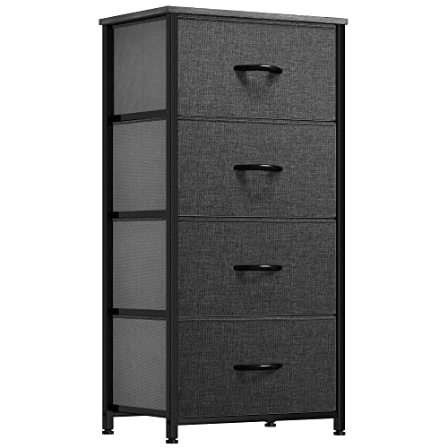 YITAHOME Storage Tower with 4 Drawers - Fabric Dresser, Organizer Unit for Bedroom, Living Room, Closets - Sturdy Steel Frame, Easy Pull Fabric Bins & Wooden Top - color: Cool Black Grey Ash, style: 4-Drawer