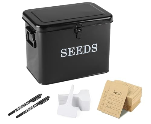 Seed Storage Organizer, T-Shape Compartment Seed Box with Safety Lock, Metal Seed Saving Box, Portable Seed Bin Container with Handle, Including 2 Pens 20 Plant Labels 50 Seed Envelopes-Black - color: Tall-Black