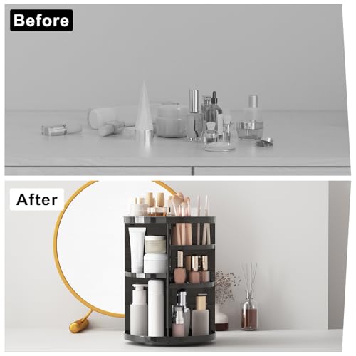 Rotating Makeup Organizer, DIY 8 Adjustable Layers Spinning Skincare Storage, Cosmetic Display Case with Brush Holder and Perfume Tray, Multi-Function Vanity Bathroom Countertop Organizer Black - color: Black