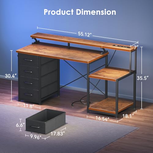 ODK 55 Inch Computer Desk with Power Outlets & 4 Drawers, Home Office Desk with Monitor Stand & Storage Shelves, Vintage