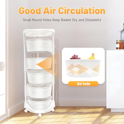 Multi-Layer Kitchen Storage Basket 5Tier Rotating Vegetable Organizer Cart with Casters Detachable Rolling Living Room Standing Rack with Shelve for Bathroom,110 lbs Bearing,14.3*36.2in (5Tier-White) - size: 5Tier-White