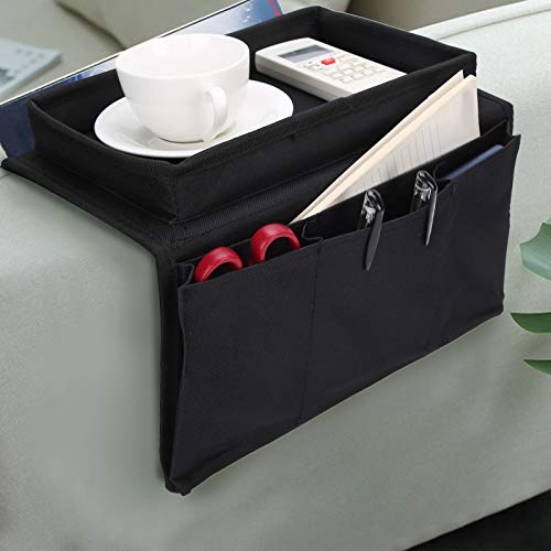 Sofa Armrest Organizer with Cup Holder Tray,4 Pockets Armchair Caddy Bedside Storage Pockets Bag 11.8x7.1x7.1inch TV Remote Control Organizer Armchair Couch Bag (Black) - color: Black