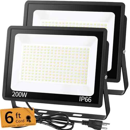 200W LED Flood Light Outdoor with 6ft Plug, 24000LM Brighter Exterior Security Lights, 5000K Daylight LED Work Light, IP66 Waterproof for Yard, Garage, Stadium, Lawn, 2 Pack