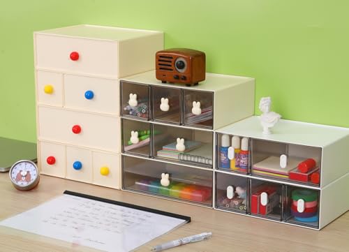 Desktop Storage Drawers, Plastic Desk Organizer with 2 Drawers, Modular Stackable Toolbox Units for Office Stationary, Makeup Container, Bathroom Countertop (1 Tall Layer, Cream & Clear) - color: 1 Tall Layer & 2 Drawers, Cream & Clear