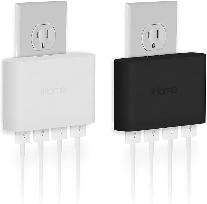 iHome 4-Port USB Wall Charger (2-Pack) 5.4A Flat Foldable Plug Slim Travel Charger (White &amp Black)