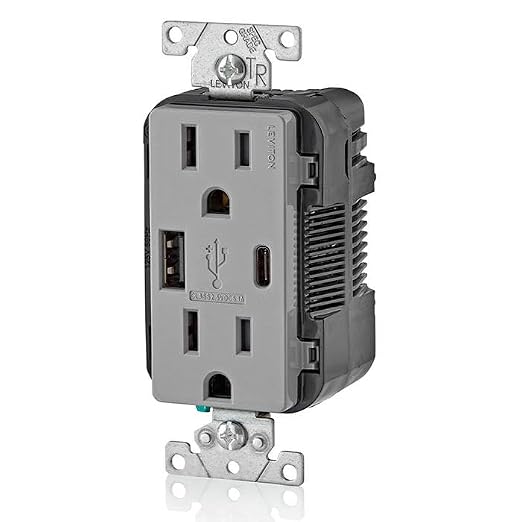 Leviton 30W (6A) USB Dual Type-C/C Power Delivery In-Wall Charger with 15A Tamper-Resistant Outlet USB Charger for Smartphones Tablets Laptops T5635-E Black