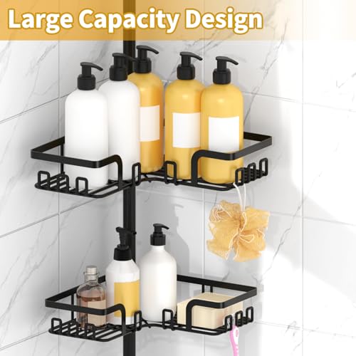 KEGII Shower Caddy Tension Pole with 2 Towel Bars, Corner Shower Organizer Shelves for Bathtub Shampoo Storage, Adjustable Shower Tension Rod with Razor Holder & Hooks - style: Tension Pole with 2 Towel Bars-Black