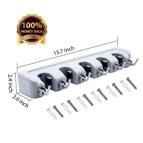 LETMY Broom Holder Wall Mounted - Mop and Broom Hanger Holder - Garage Storage Rack & Garden Tool Organizer - 5 Position 6 Hooks for Home, kitchen, Garden, Tools, Garage - color: Gray