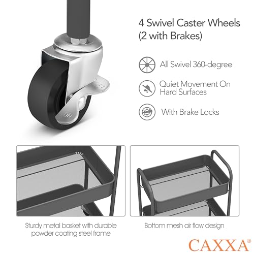 CAXXA 3-Tier Rolling Metal Storage Organizer - Mobile Utility Cart with Caster Wheels, Gray - color: Gray