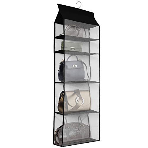 Improved Closet Handbag Purse Holder with 5 Large Heavy-Duty Mesh Shelves, Space Saving Hanging Handbag Storage Tote Bag Organizer Holder for Wardrobe Closet(Black) - color: Black