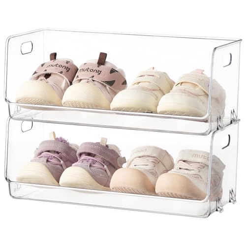 HBlife Clear Acrylic Kids Shoe Rack Baby Toddler Shoe Storage Organizer for Closet Floor Entryway Bedroom, 2 Tier Stackable Small Shoe Rack Shelf Display Stand - size: 2 Tier