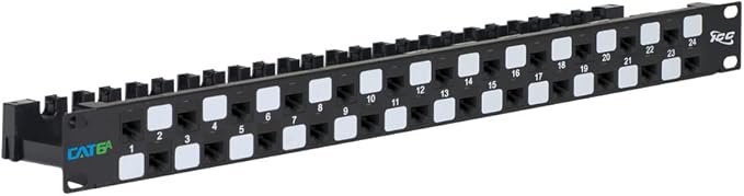 ICC 24-Port CAT6A Keystone 1U Patch Panel with CAT6A Keystone Jacks, 19” Rackmount Housing and Cable Support Bar, Staggered Ports to Reduce ANEXT, UL Listed PoE++ Compliant, ICMPP246AU