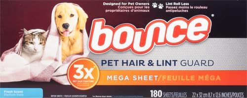Bounce Pet Hair and Lint Guard Fabric Softener Dryer Sheets | Fresh Scent | 3X Pet Hair Fighters | Mega Sheets | 180 Count, Pack of 3