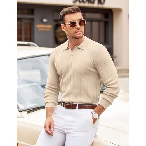 COOFANDY Mens Sweaters Polos Long Sleeve V Neck Knit Polo Lightweight Casual Pullover Sweater