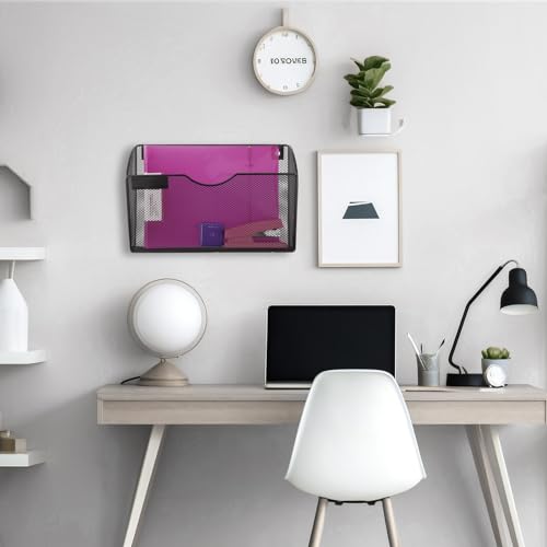 1 Pocket Mesh Wall File Holder Organizer Office Hanging File Folder Magazine Rack, Nametag Label Hooks Set Included (Black)